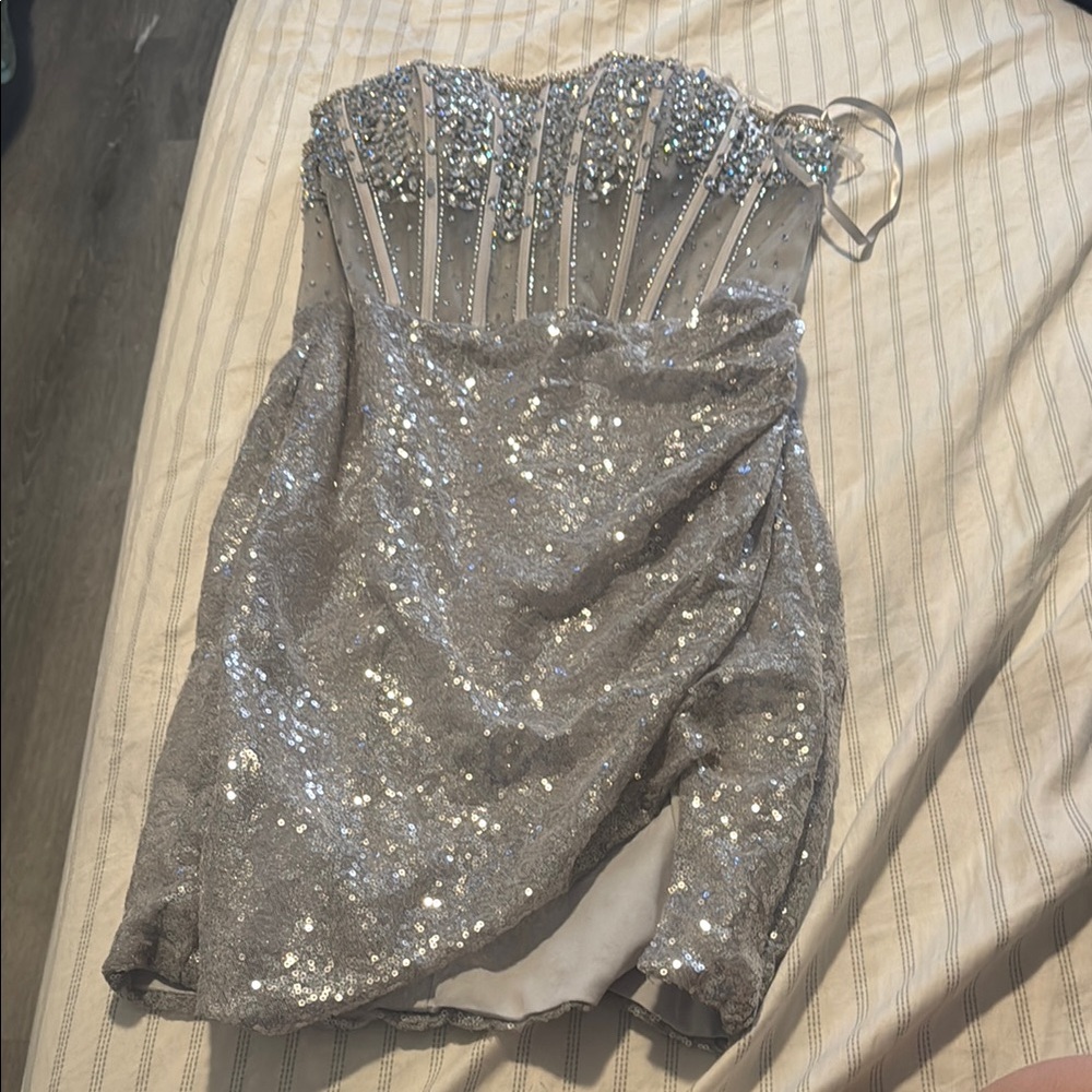 Silver Sequin Strapless Dress